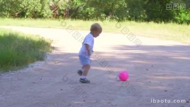 可爱的孩子在夏日公园的人行道上奔跑和踢球